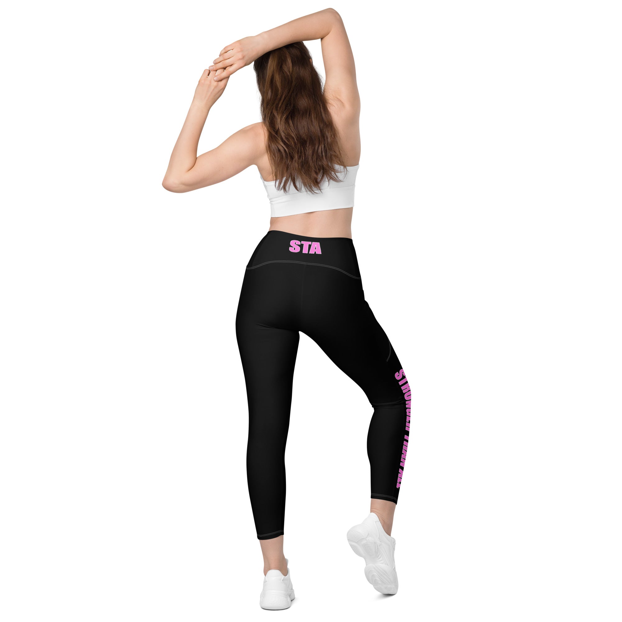 Stronger Than All - Pink on Black Leggings with pockets