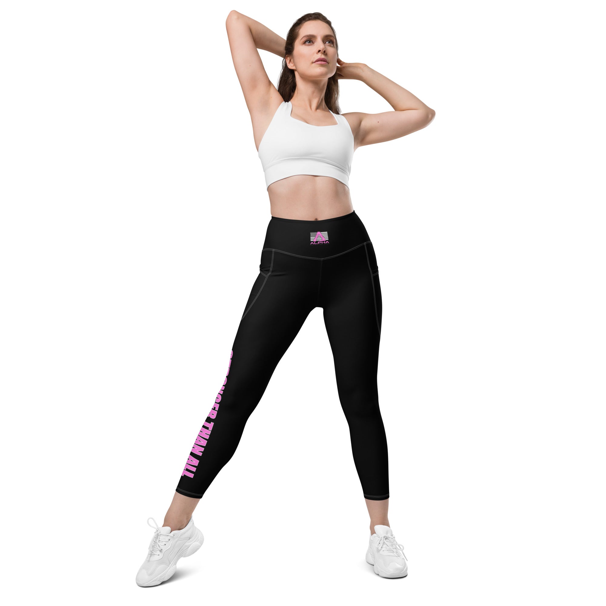 Stronger Than All - Pink on Black Leggings with pockets