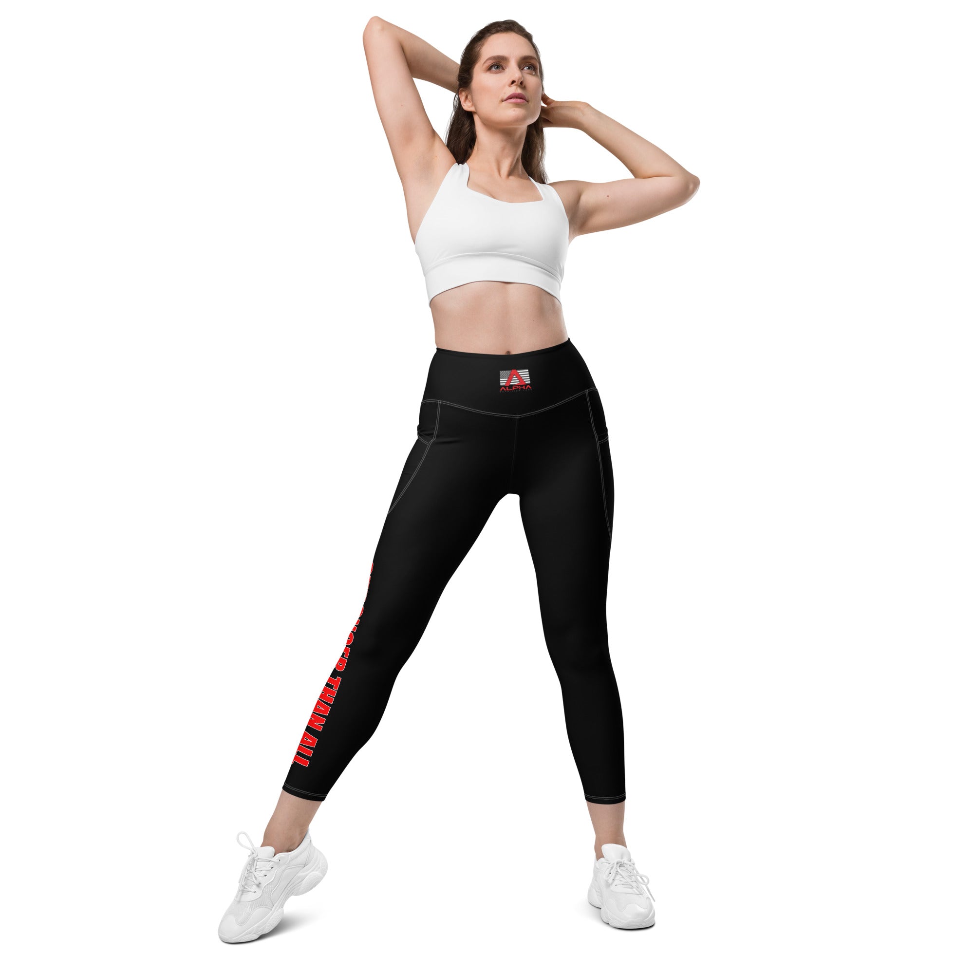 Stronger Than All - Red on Black Leggings with pockets