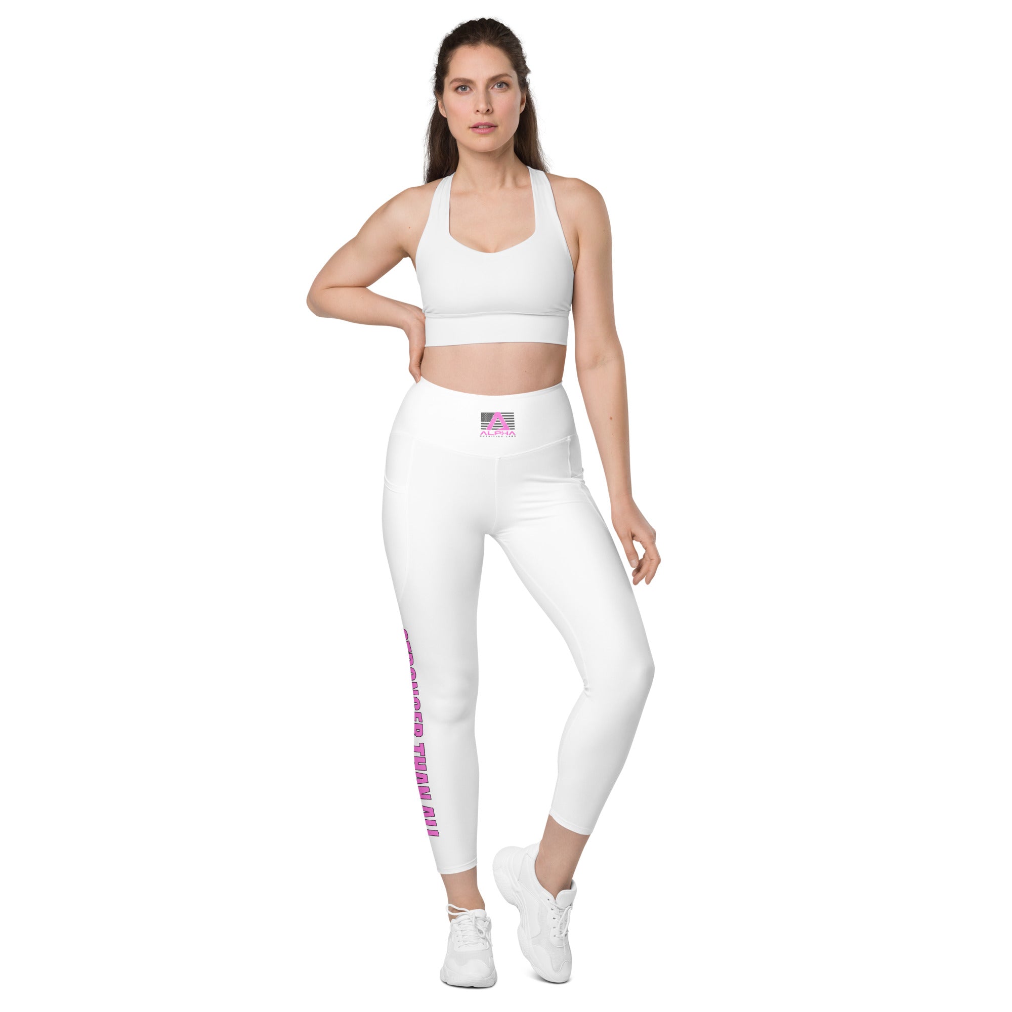 Stronger Than All - Pink on White Leggings with pockets