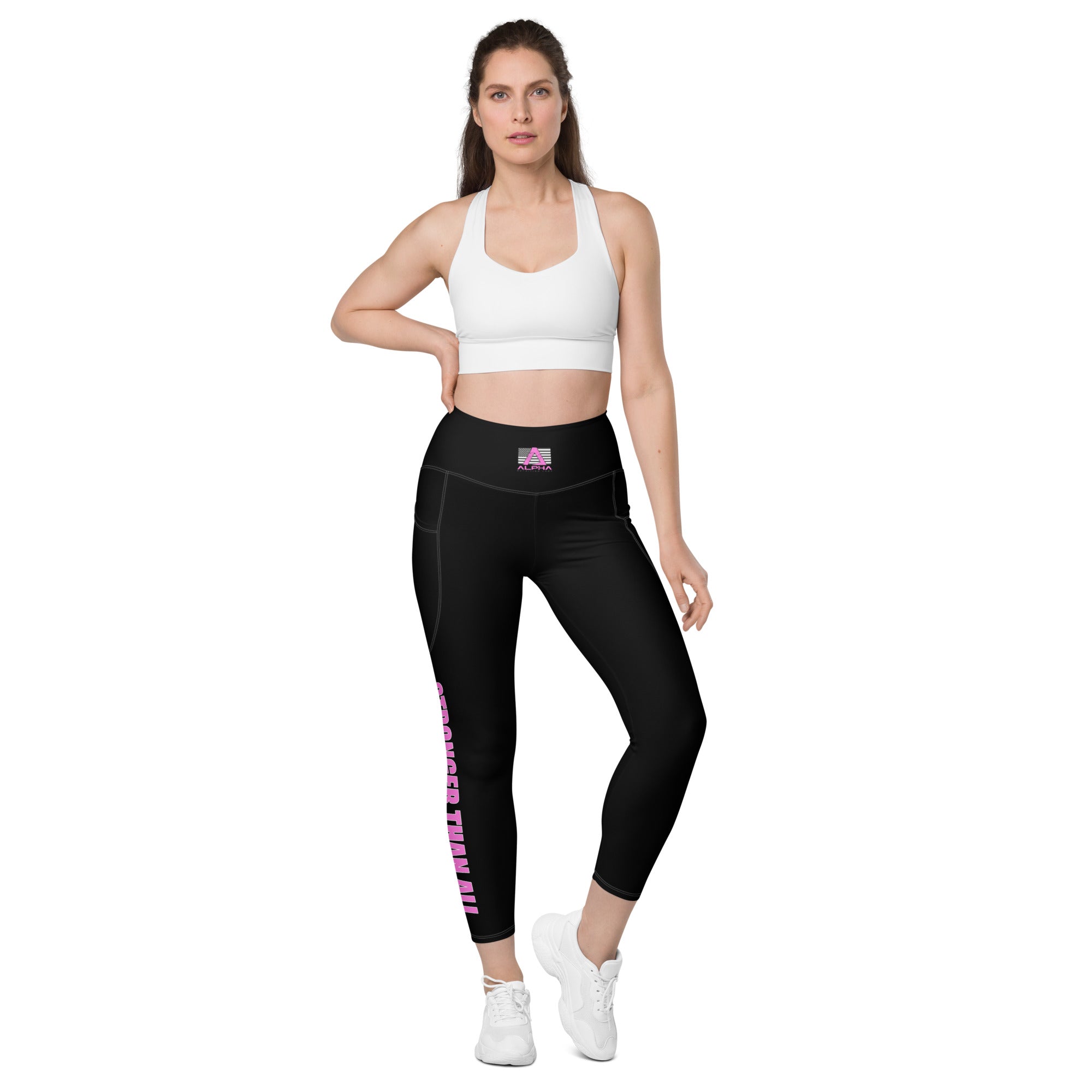 Stronger Than All - Pink on Black Leggings with pockets