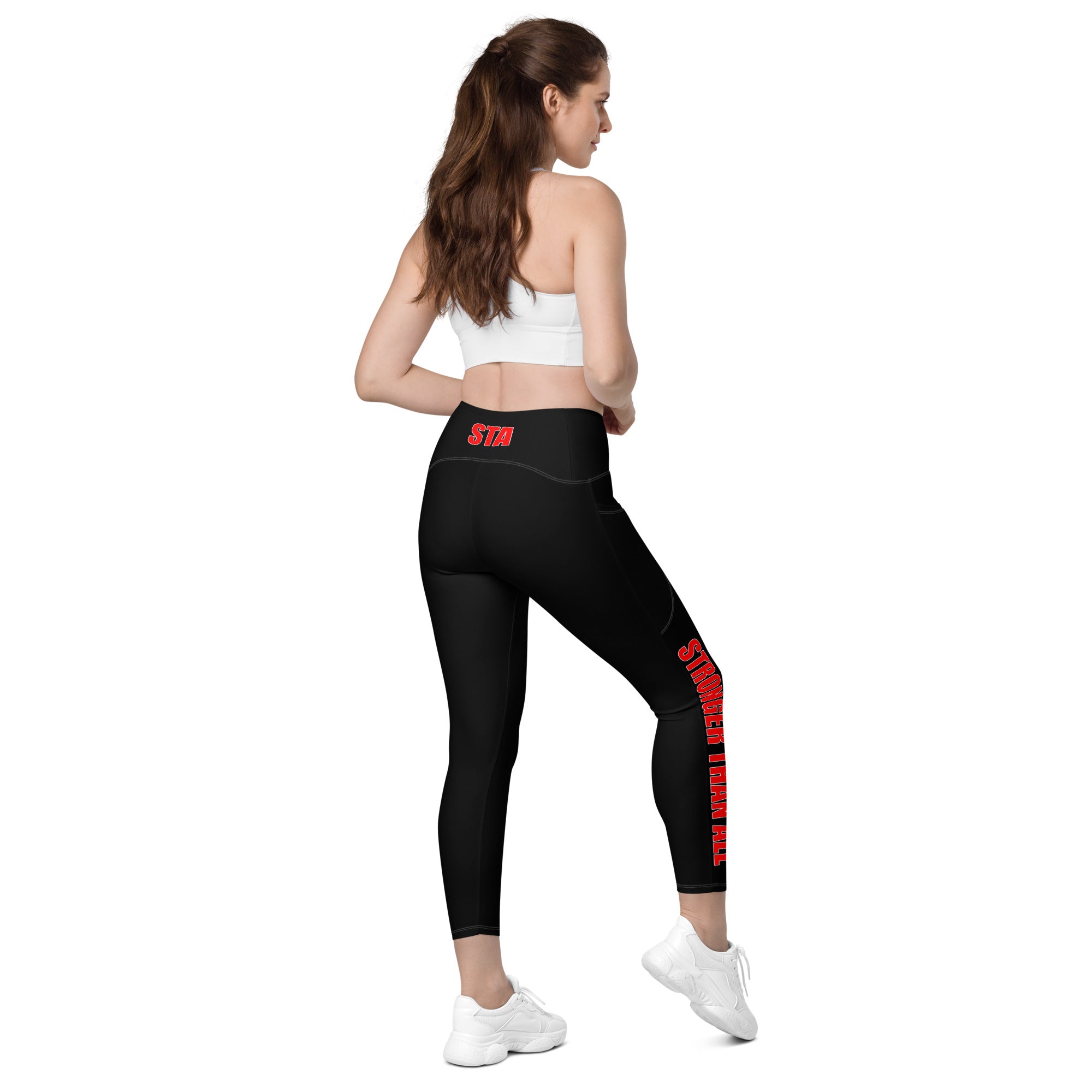 Stronger Than All - Red on Black Leggings with pockets